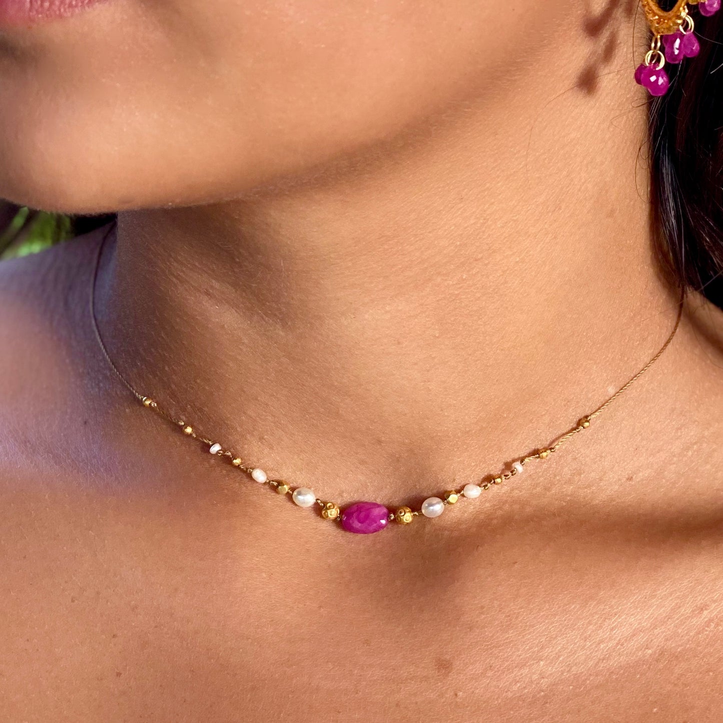 Pink Sapphire with South Sea Keshi & Gold Accent Strand