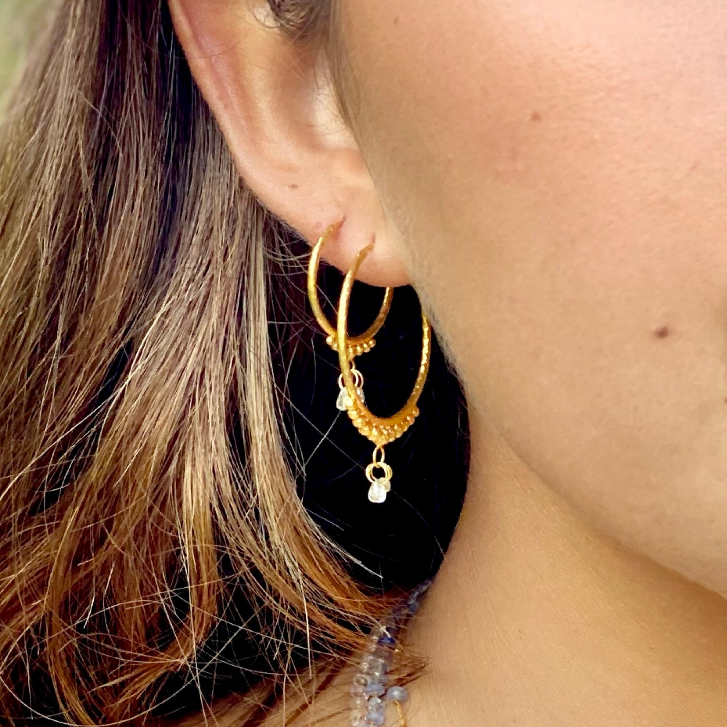 Hand-Hammered Golden Droplet Hoops with Light Diamonds