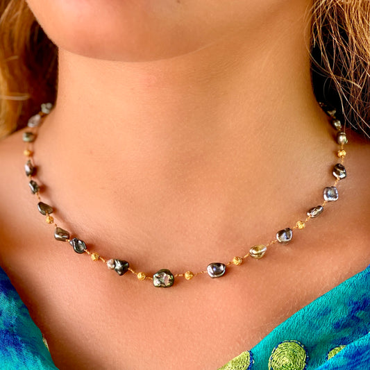 Tahitian Keshi Crinkles & Gold Choker