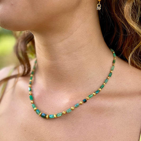 Emerald Cylinders with Gold Beads