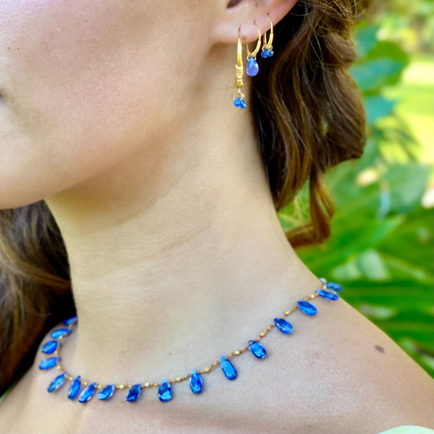 Golden Droplet Hoops with Tanzanite, Baby (15MM)