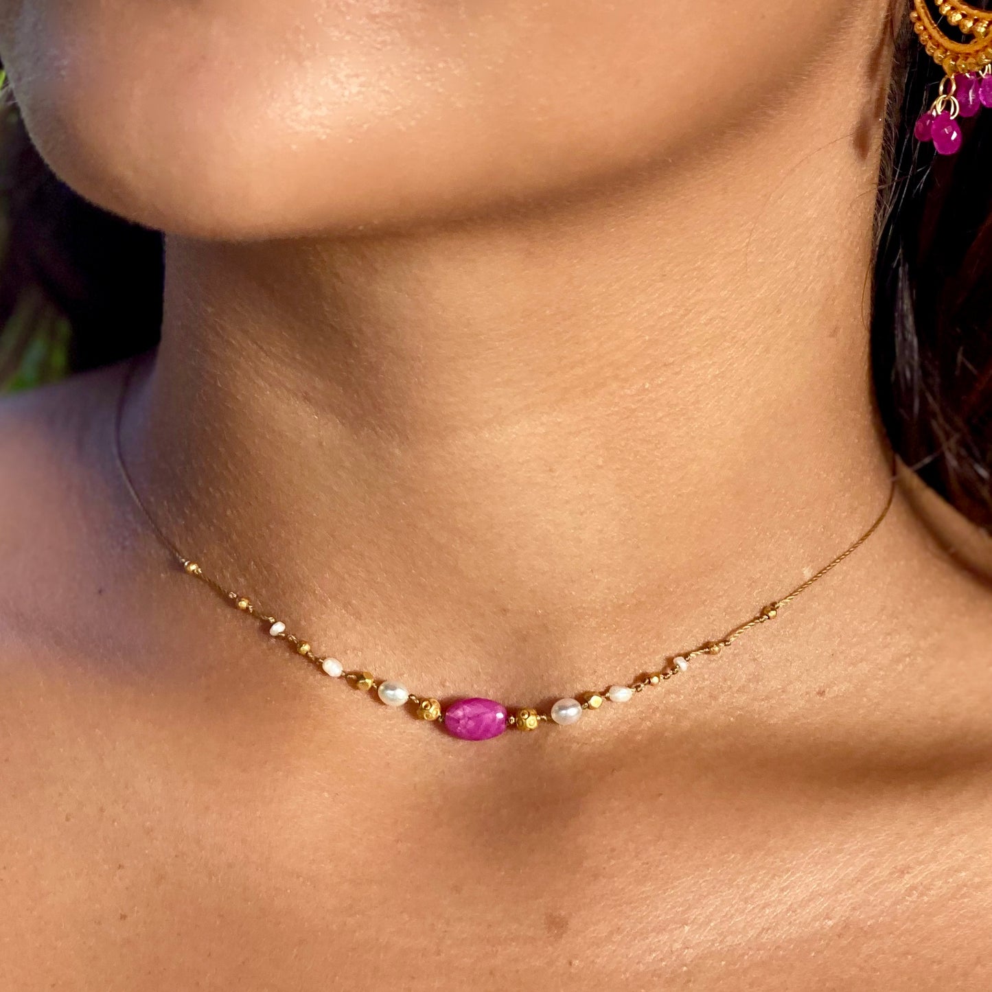 Pink Sapphire with South Sea Keshi & Gold Accent Strand