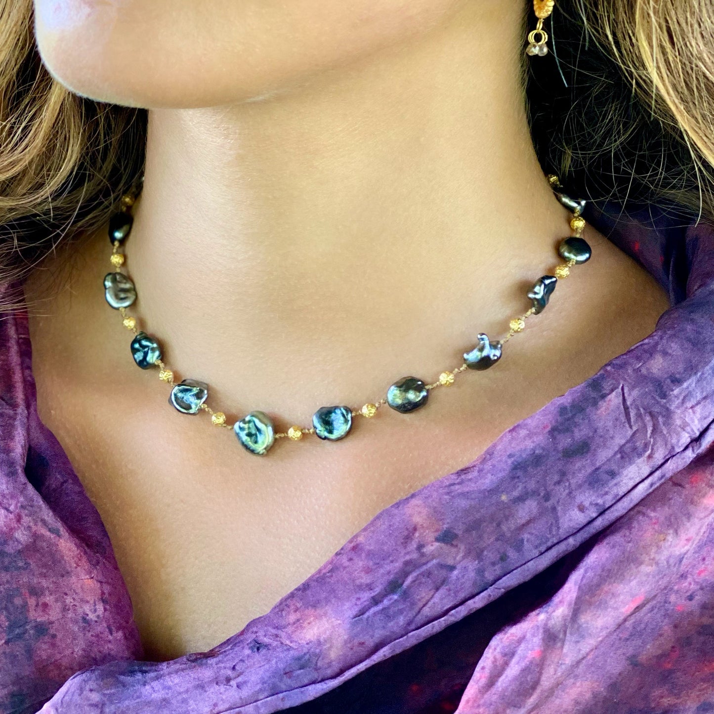 Large Tahitian Keshi Petals & Gold Choker
