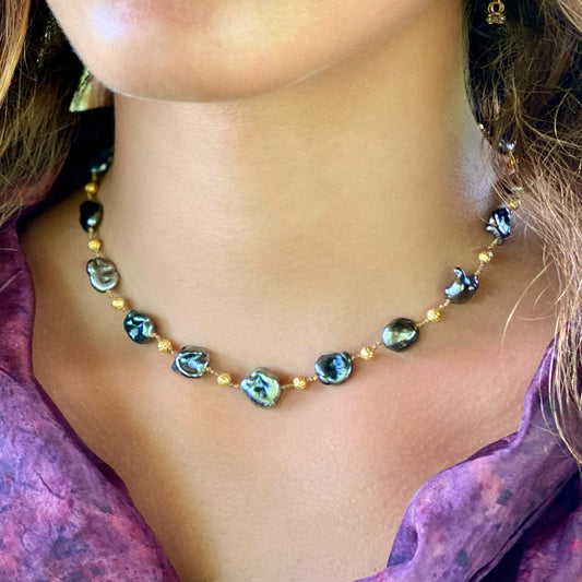Large Tahitian Keshi Petals & Gold Choker