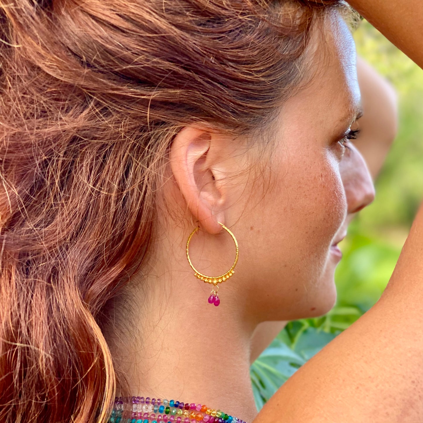 Hand-Hammered Golden Droplet Hoops with Rubies