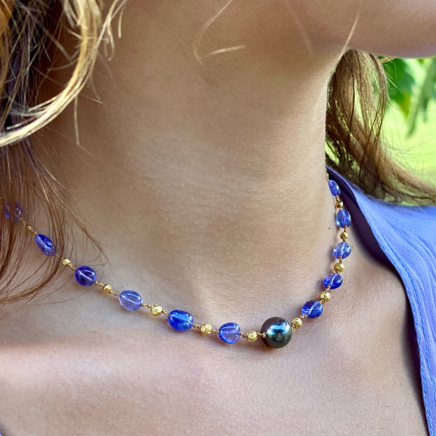 Tanzanite Choker with Tahitian Pearl & Gold