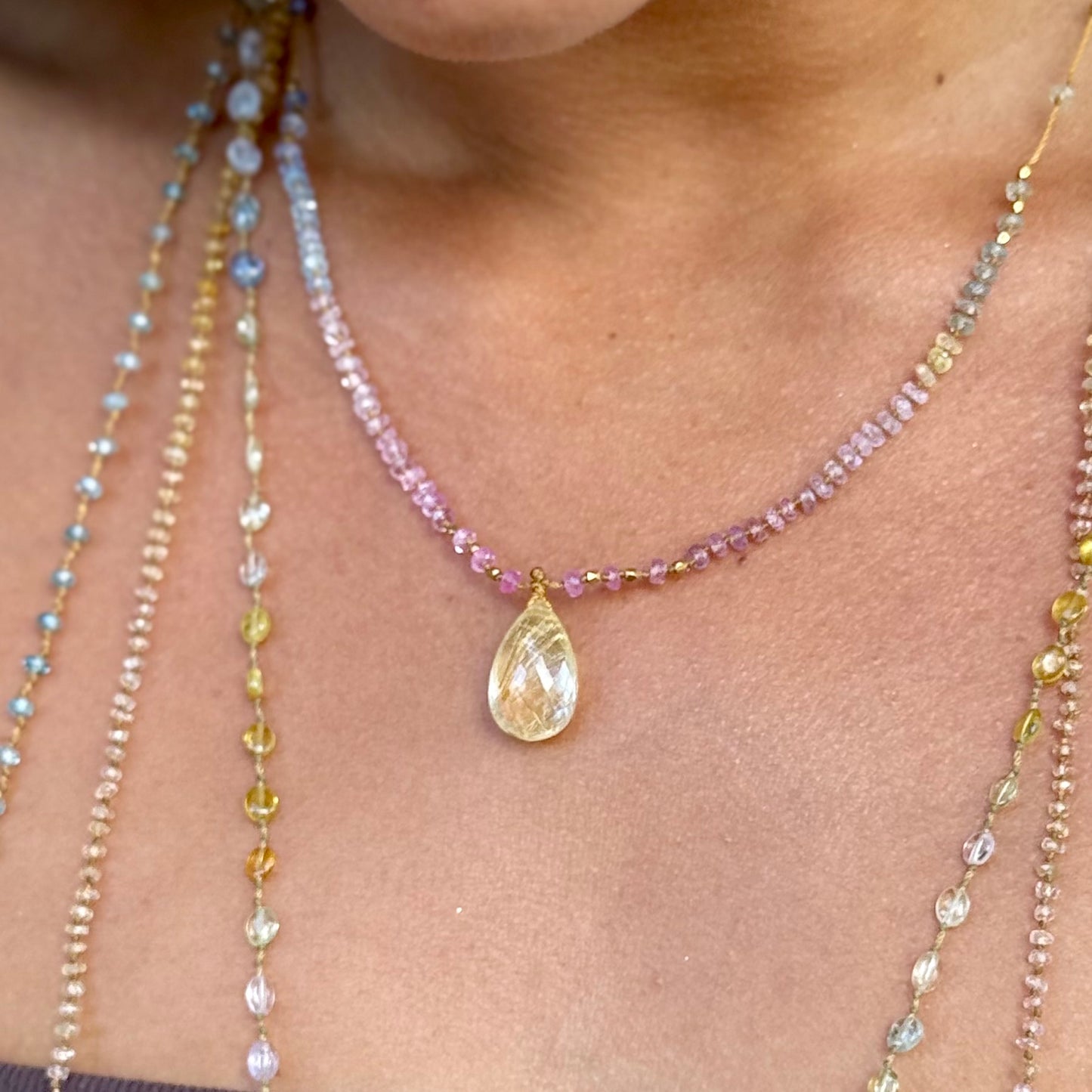 Pastel Sapphire with Rutilated Quartz & Gold Beads