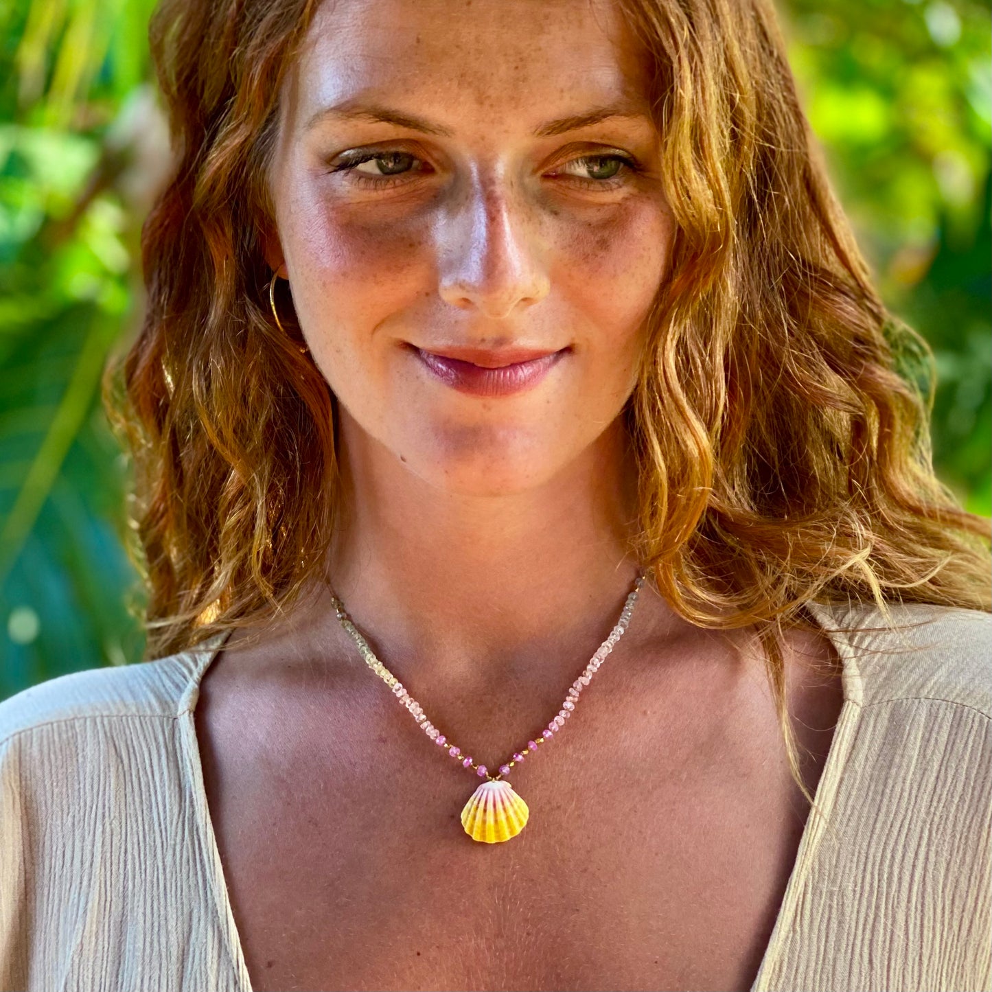 Pastel Sapphire with Sunrise Shell & Gold Beads
