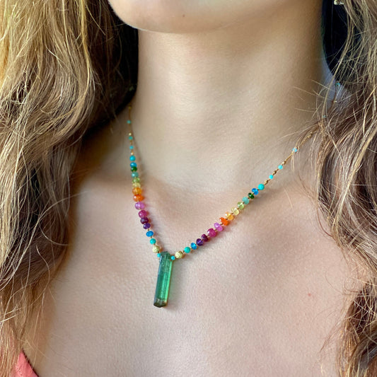 Green Tourmaline with Gold & Amazonite Rainbow Mana