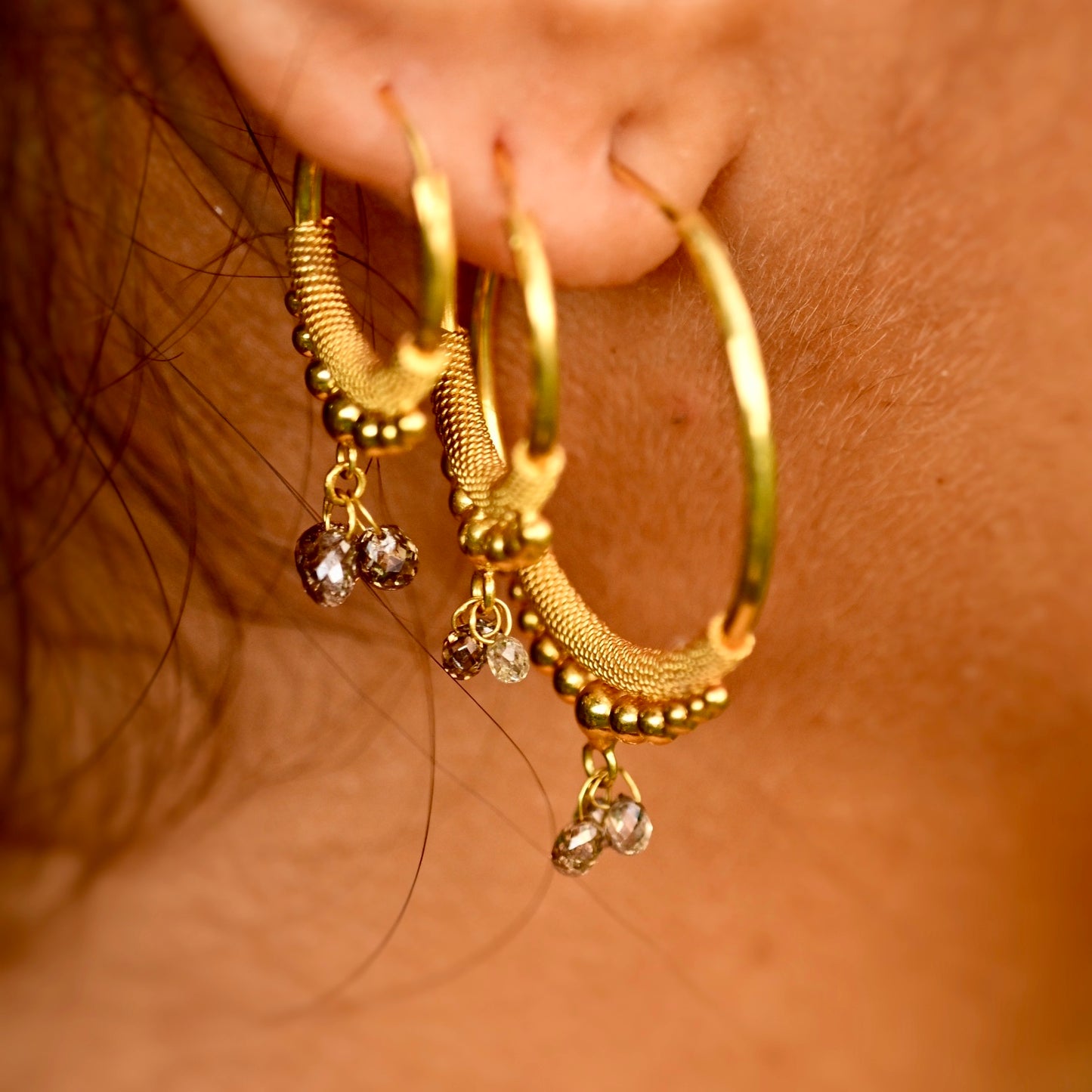 Golden Droplet Hoops with Natural Diamonds
