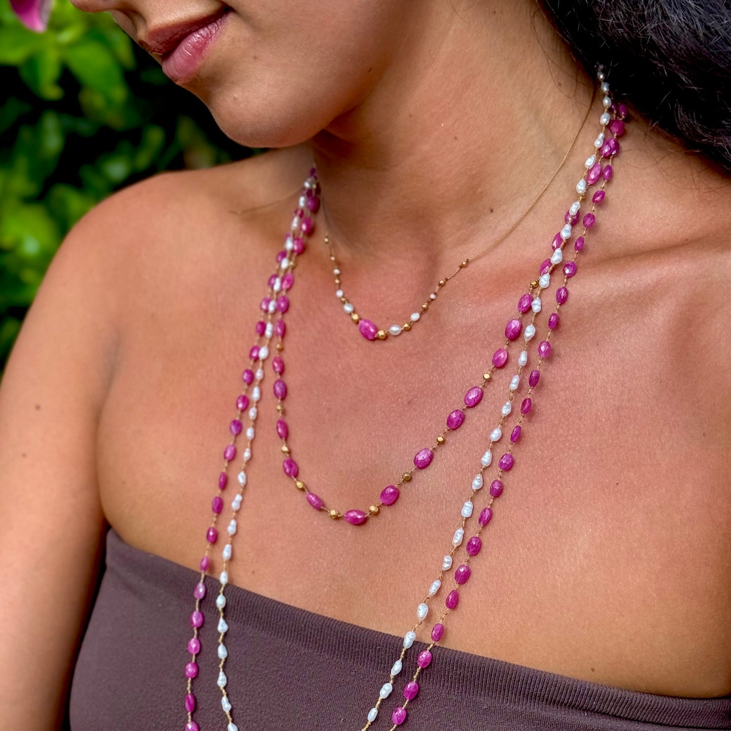 Pink Sapphire with South Sea Keshi & Gold Accent Strand