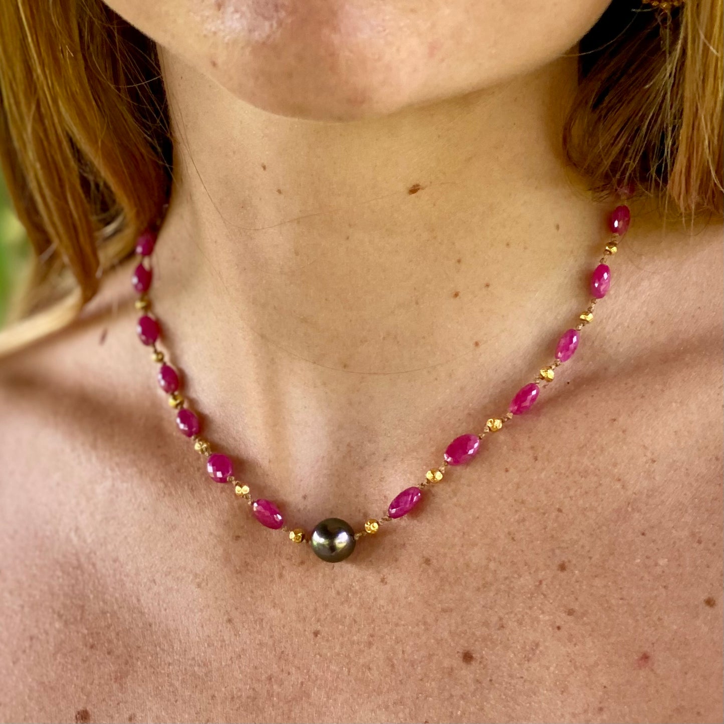 Pink Sapphire Choker with Tahitian Pearl & Gold