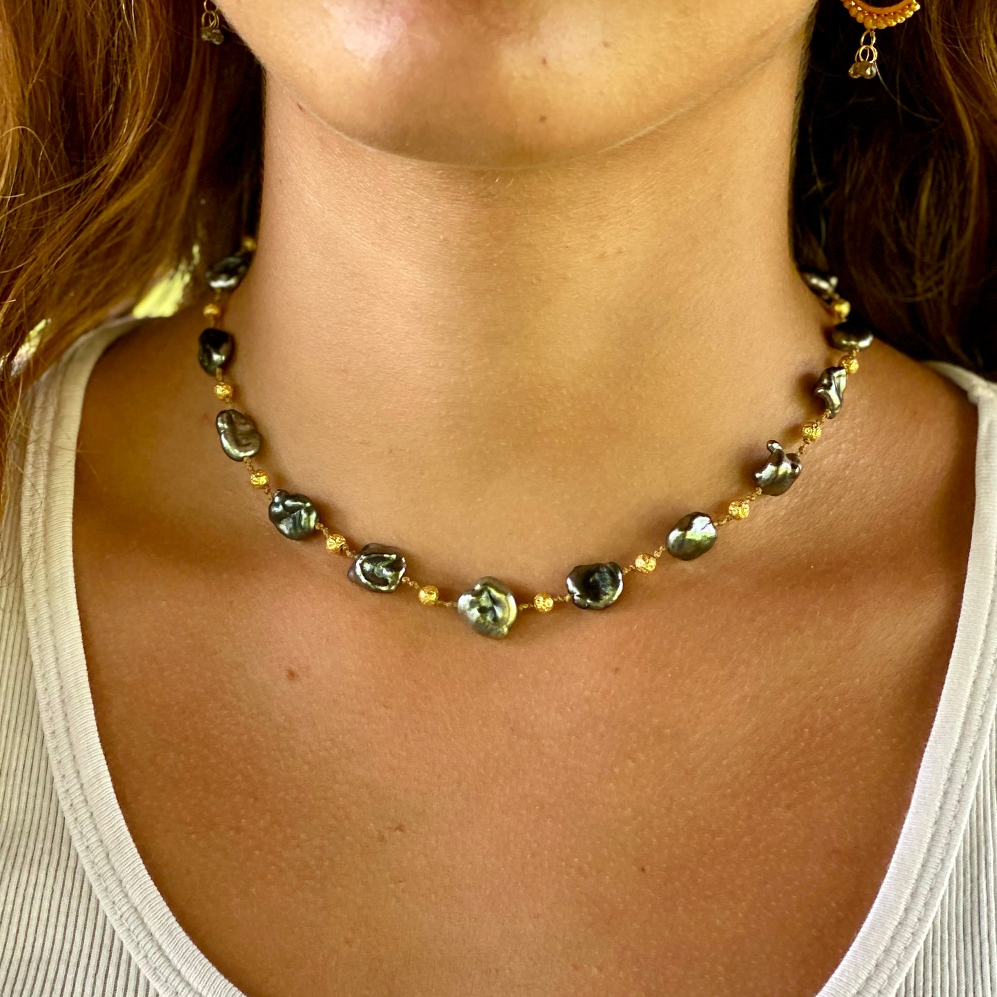 Large Tahitian Keshi Petals & Gold Choker