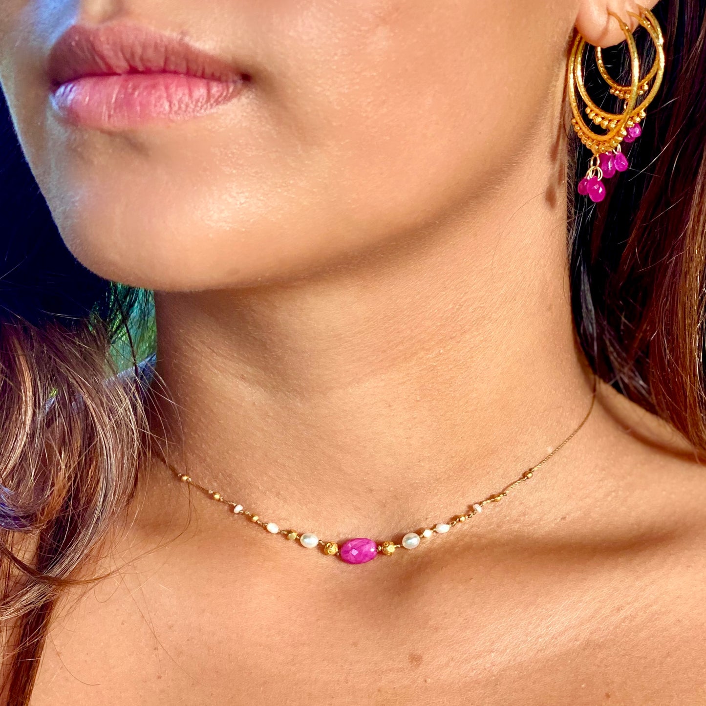 Pink Sapphire with South Sea Keshi & Gold Accent Strand