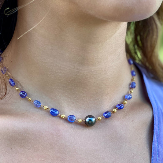Tanzanite Choker with Tahitian Pearl & Gold