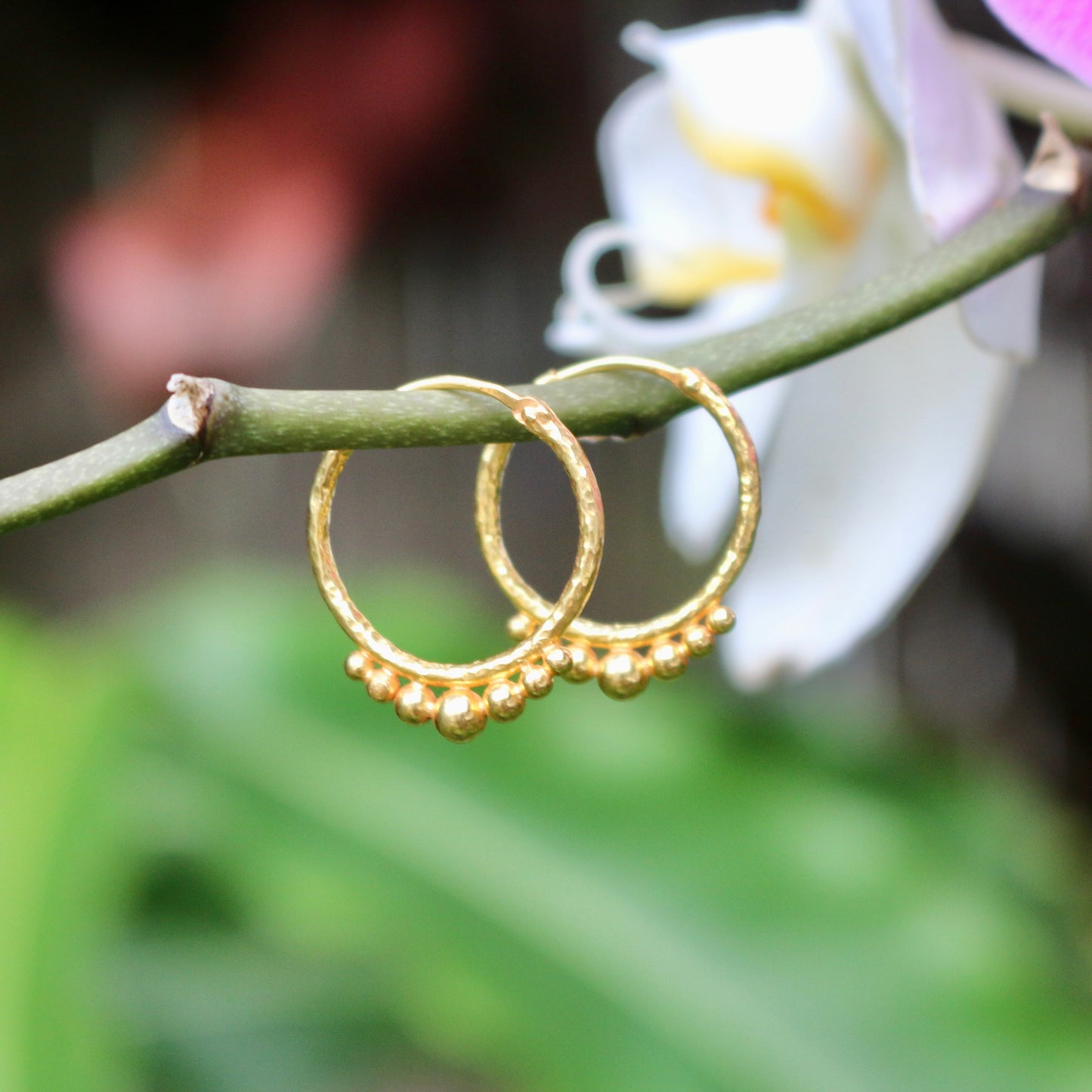 Hand-Hammered Golden Beaded Hoops