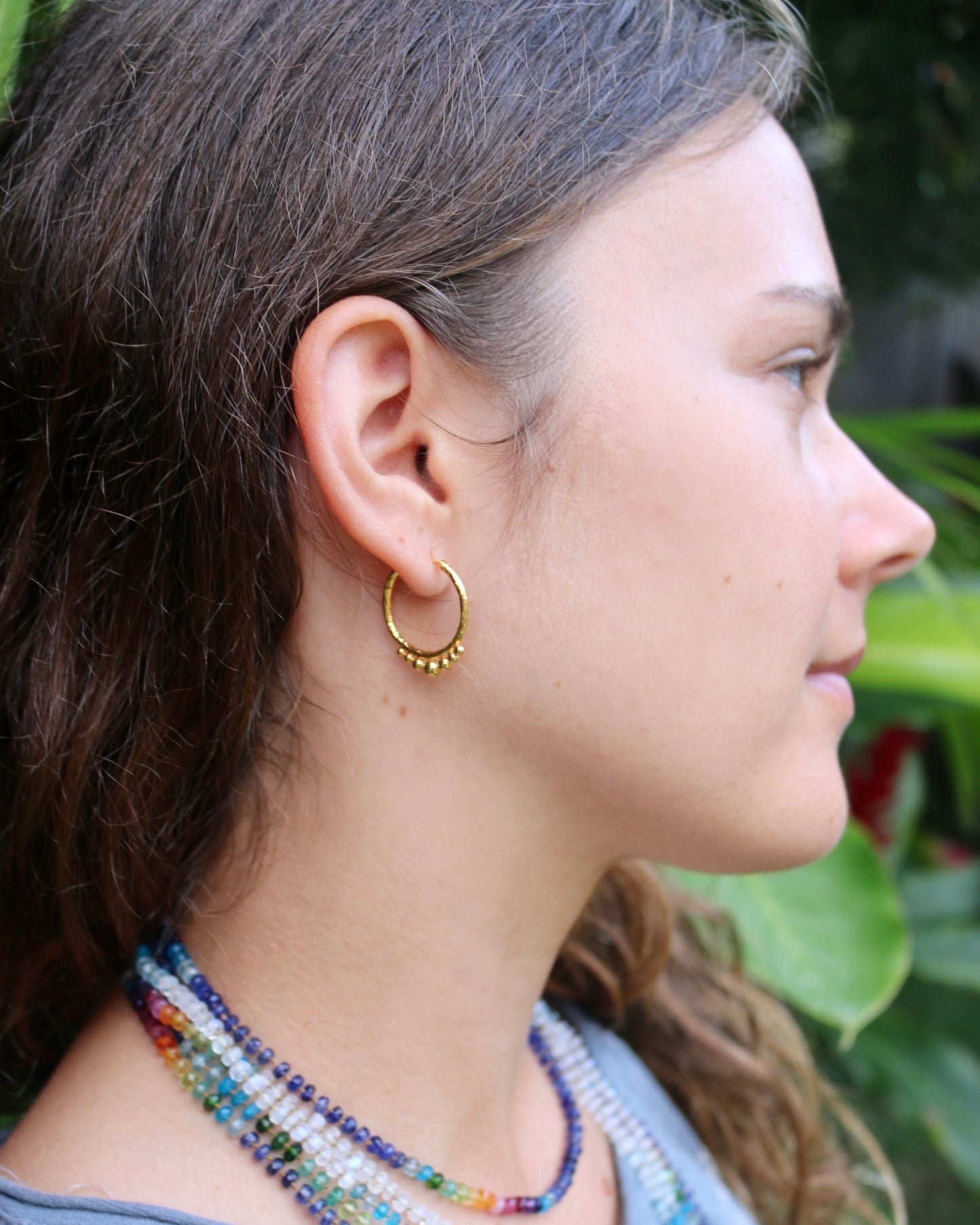 Hand-Hammered Golden Beaded Hoops