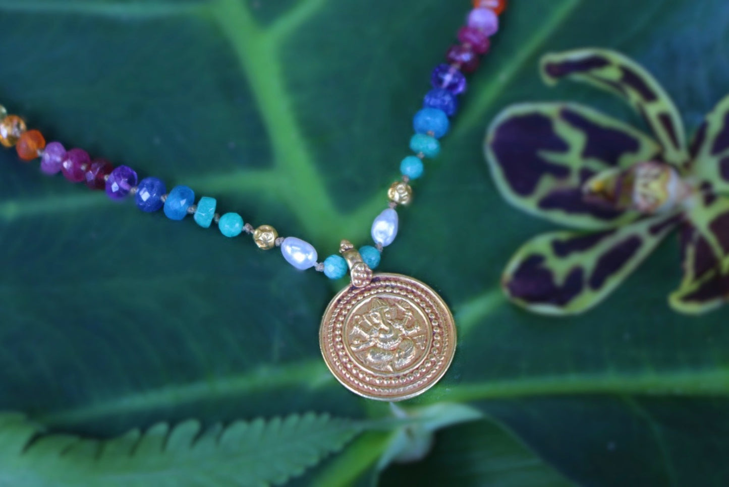 Keshi Pearl with Gold Ganesha & Amazonite Rainbow Mana