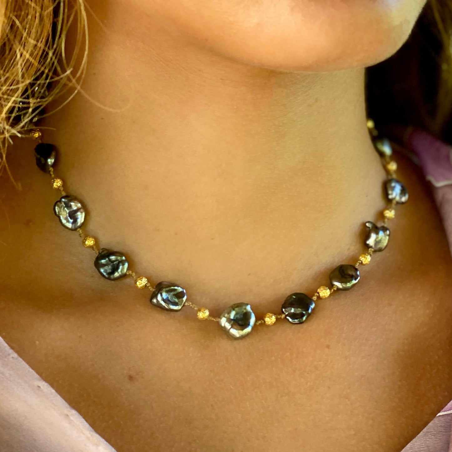 Large Tahitian Keshi Petals & Gold Choker