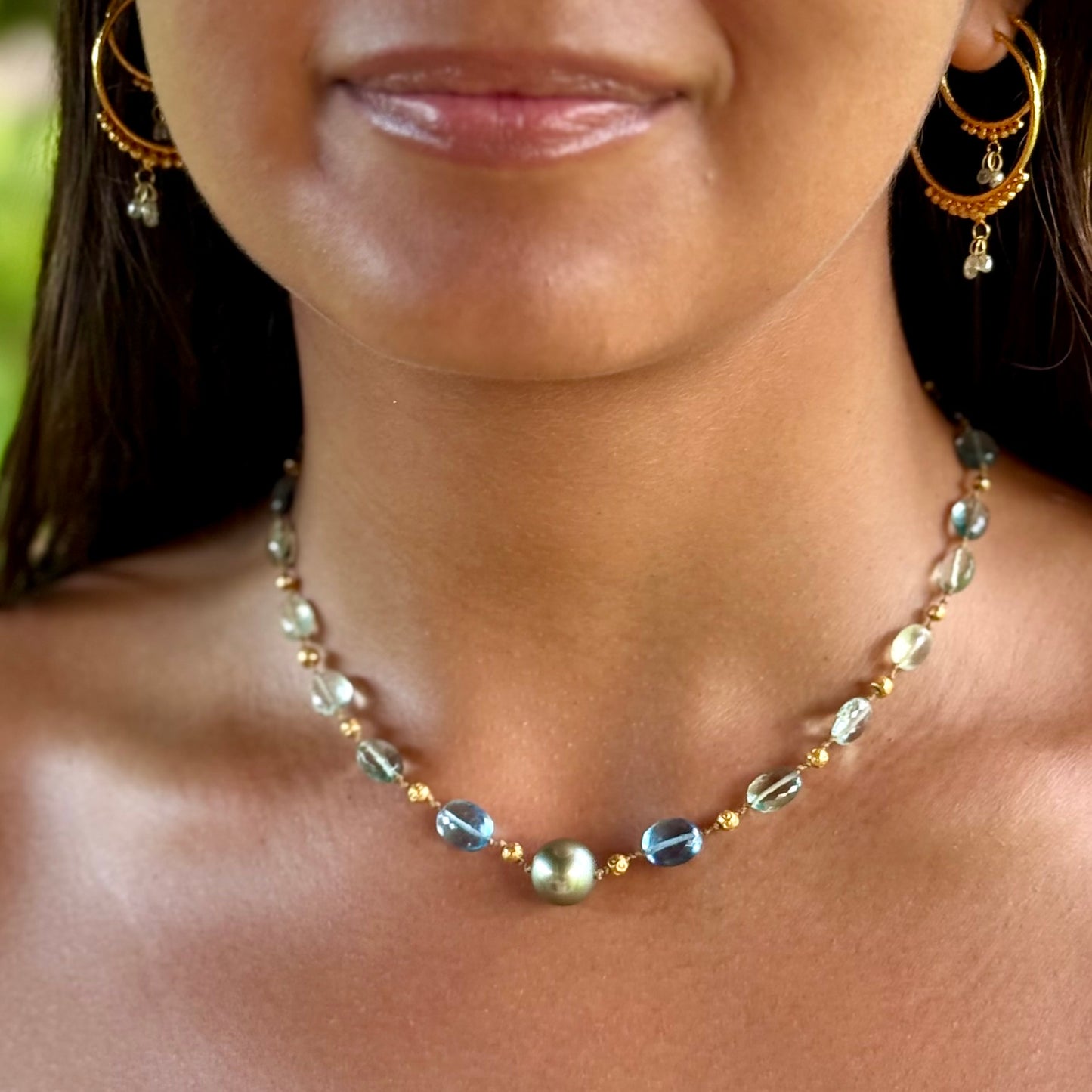 Aquamarine & Fluorite with Tahitian Pearl & Gold