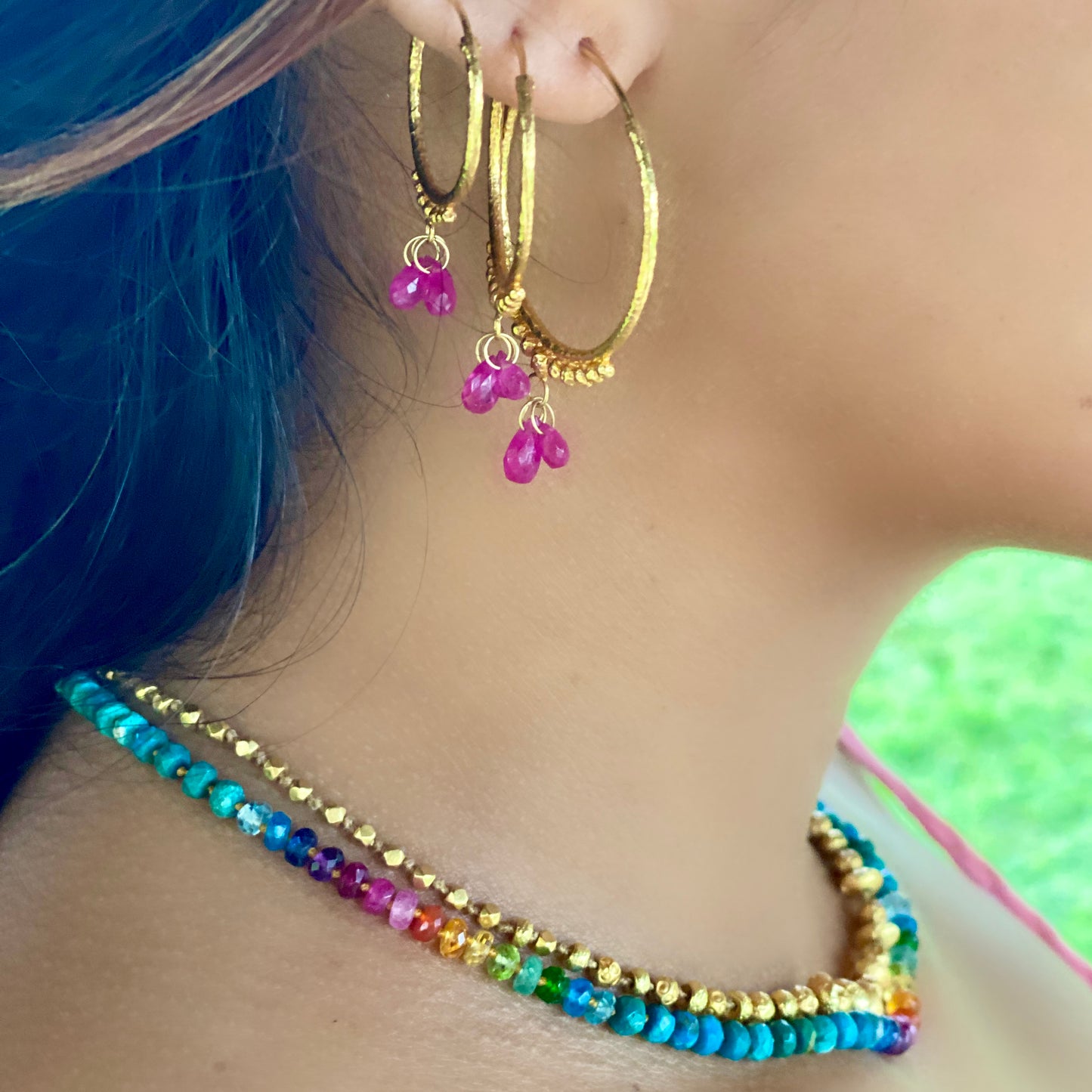 Hand-Hammered Golden Droplet Hoops with Rubies