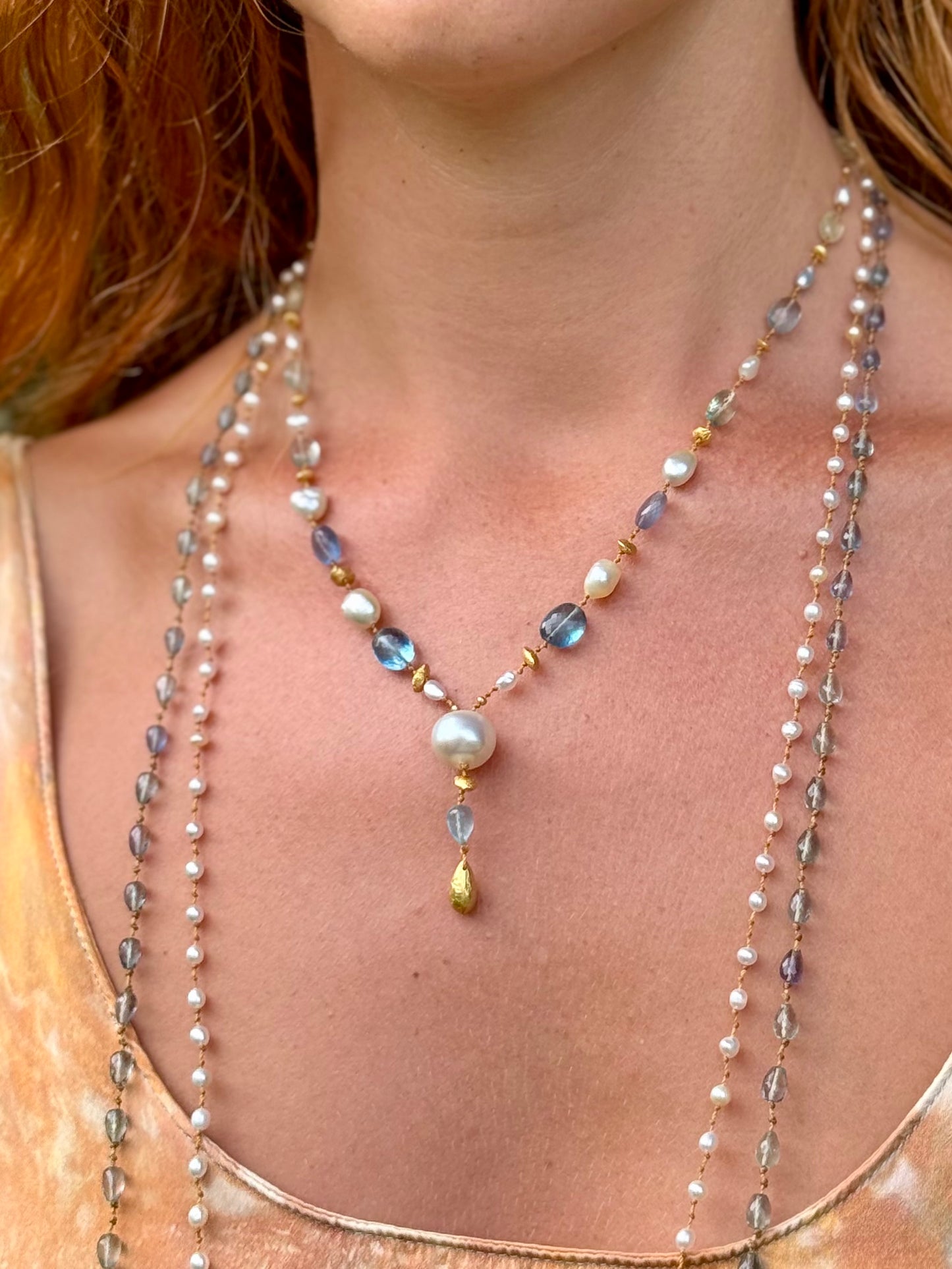 Aquamarine Fluorite and South Sea Keshi Pearl Kulu Nani