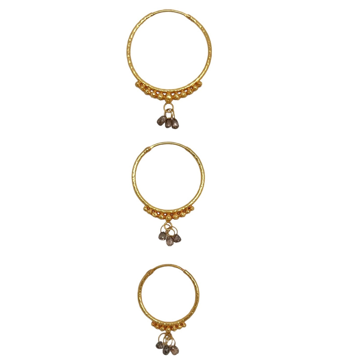 Hand-Hammered Golden Droplet Hoops with Dark Diamonds