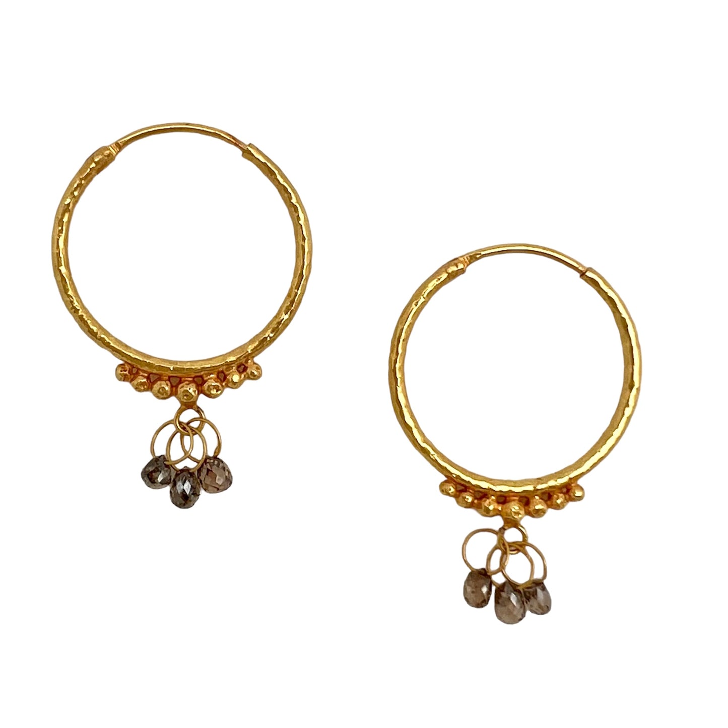 Hand-Hammered Golden Droplet Hoops with Dark Diamonds