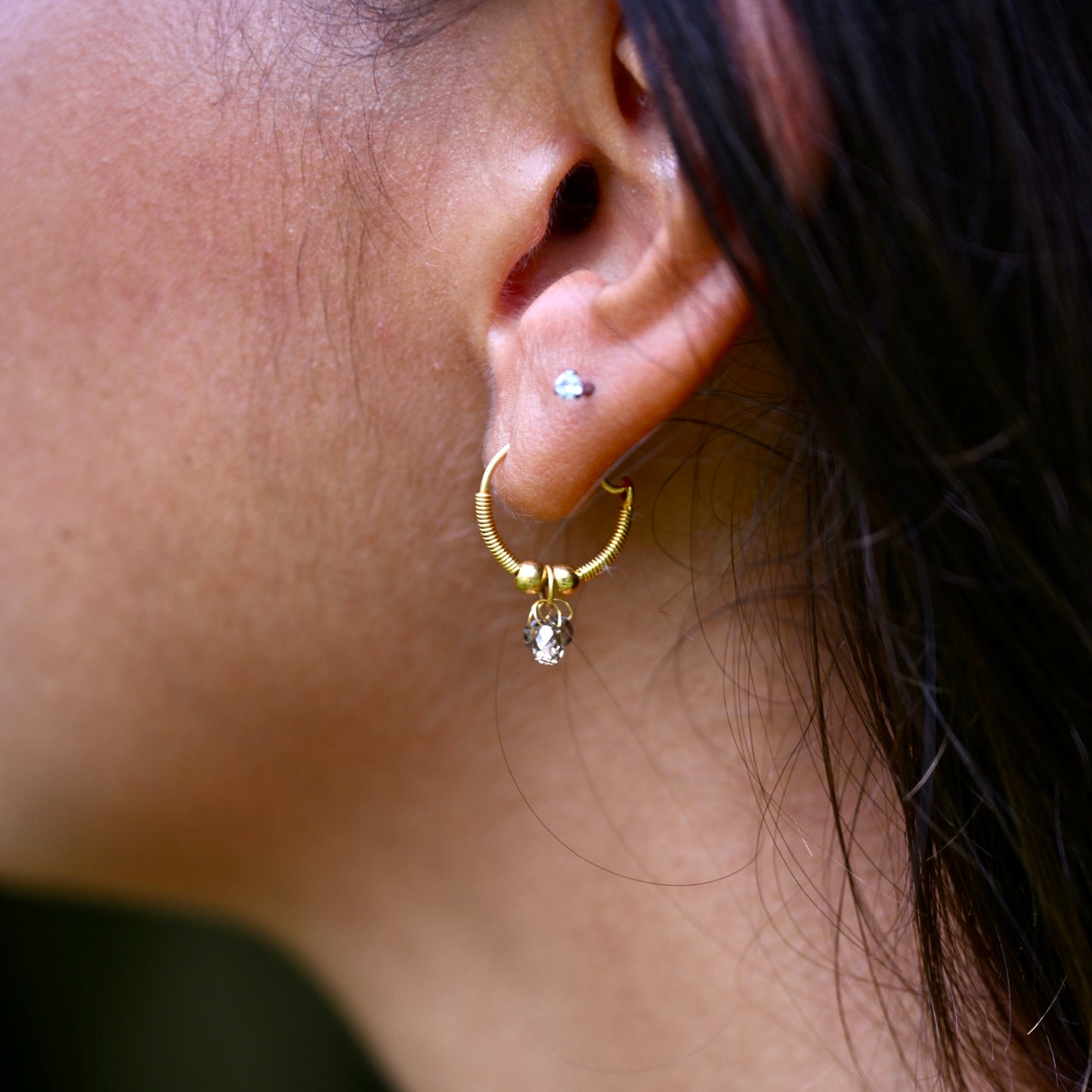Golden Droplet Hoops with Natural Diamond Cluster, Baby (15mm)