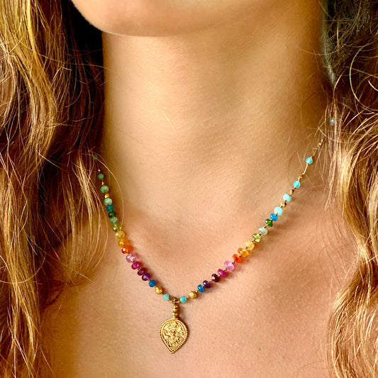 Gold Durga Medallion with Gold & Amazonite Rainbow Mana