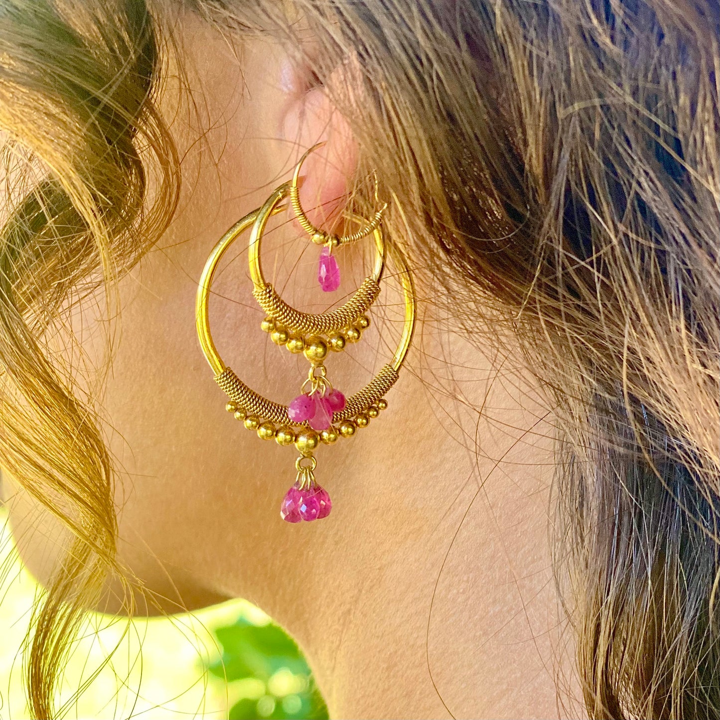 Golden Droplet Hoops with Rubies