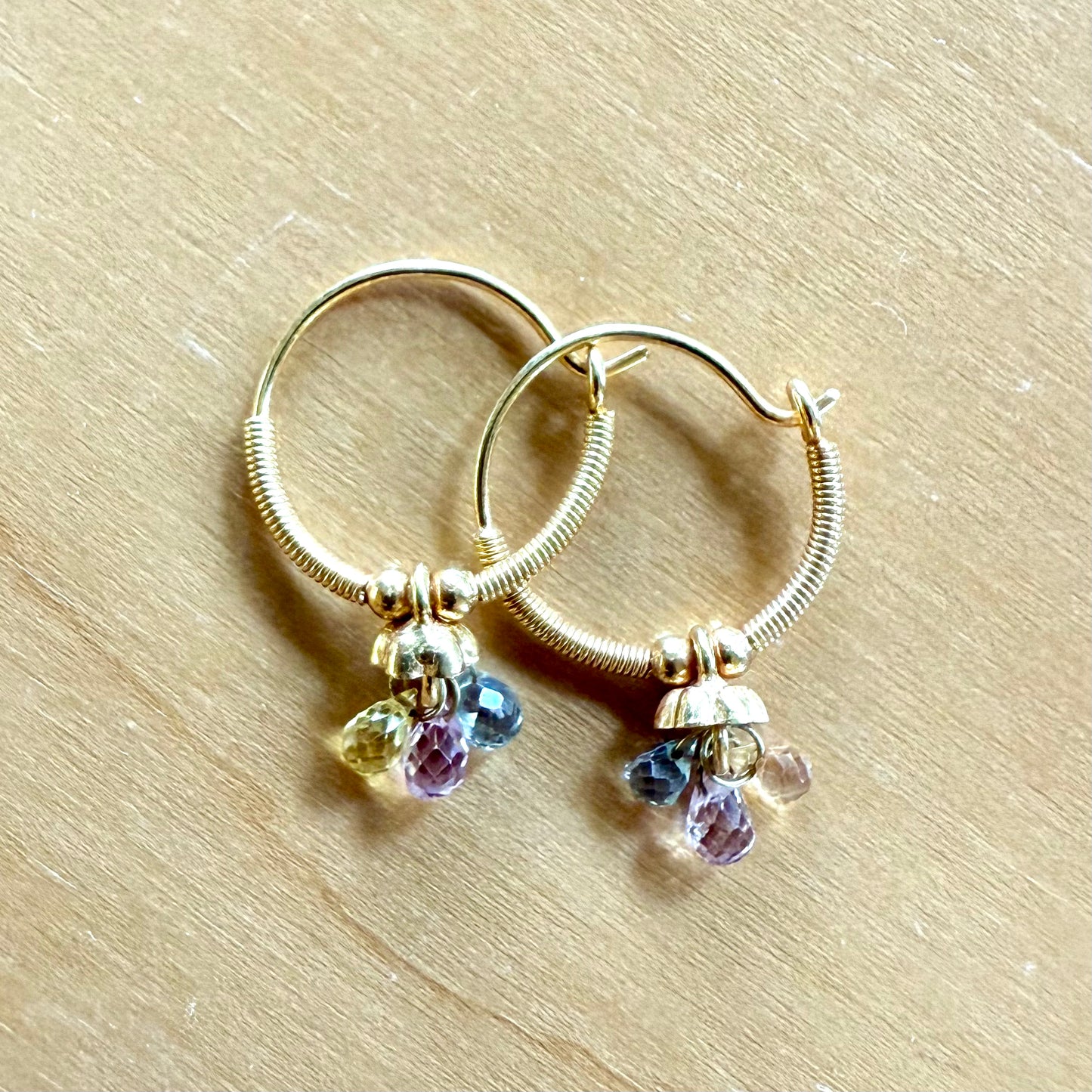 Golden Droplet Hoops with Pastel Sapphires, Baby (15mm)