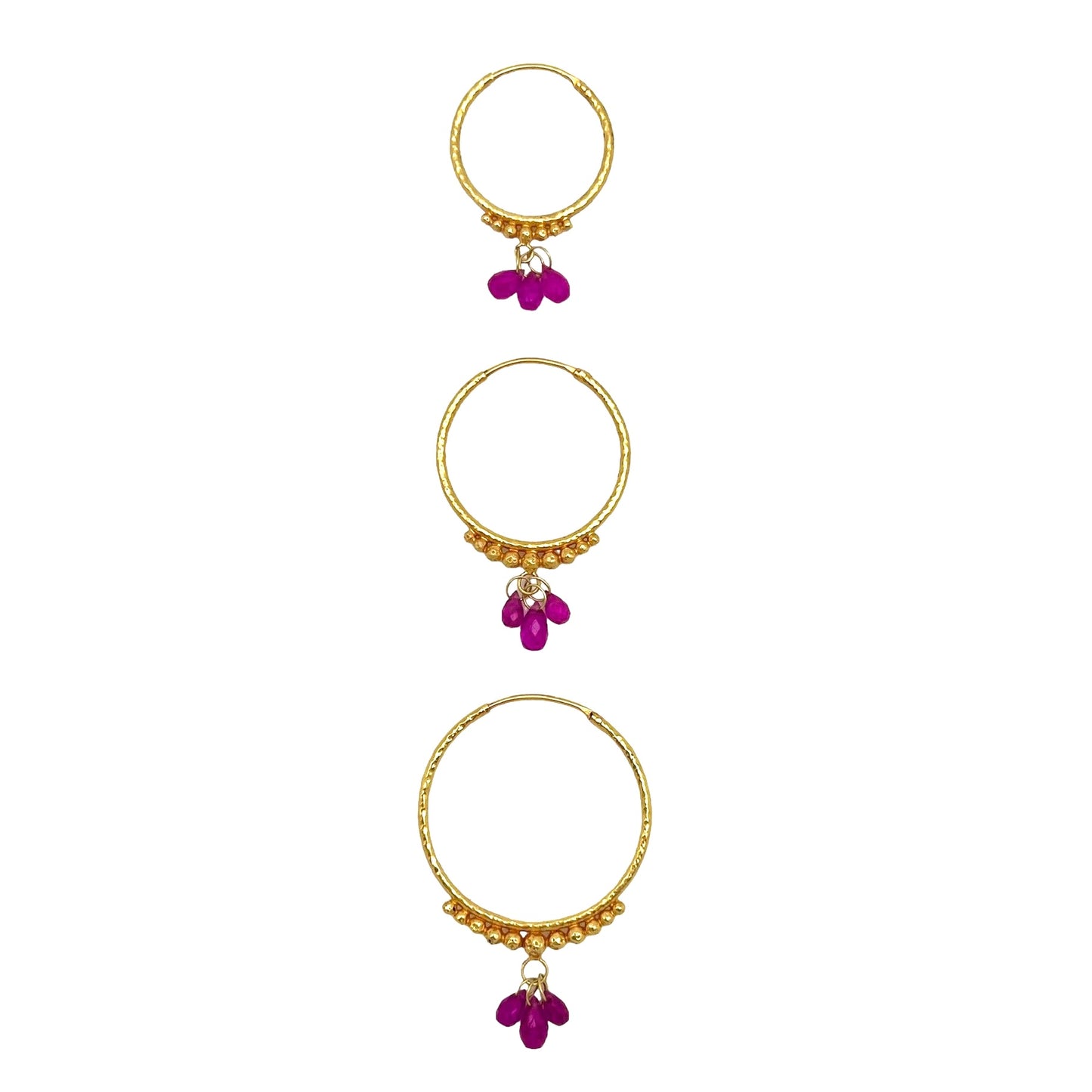 Hand-Hammered Golden Droplet Hoops with Rubies