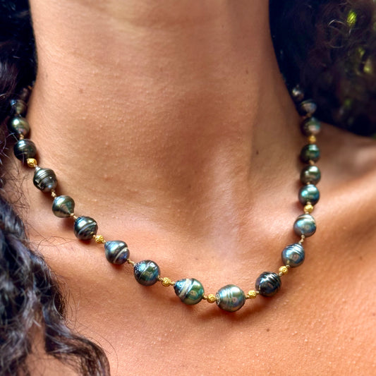 Large Tahitian Keshi and Gold Necklace