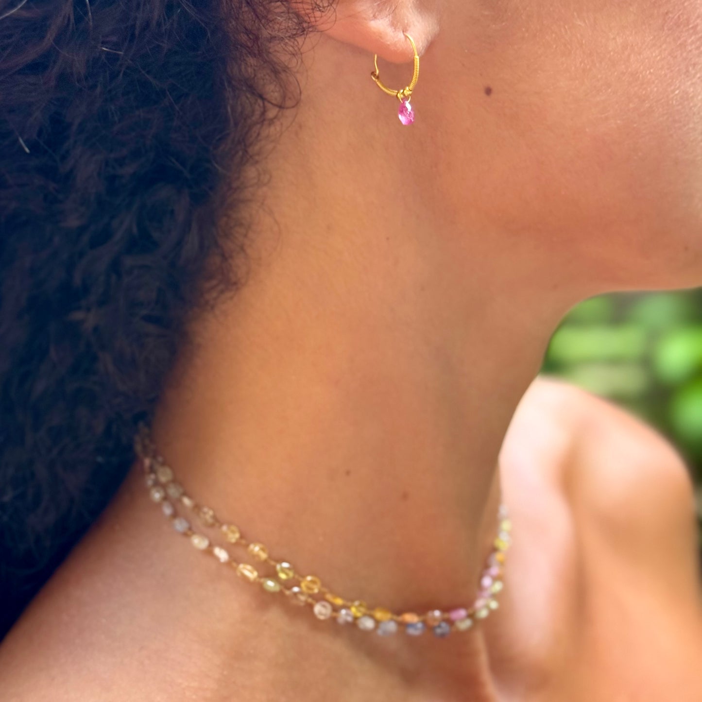 Golden Droplet Hoops with Rubies, Baby (15mm)