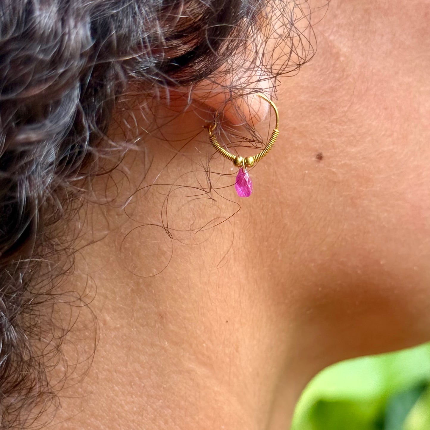 Golden Droplet Hoops with Rubies, Baby (15mm)