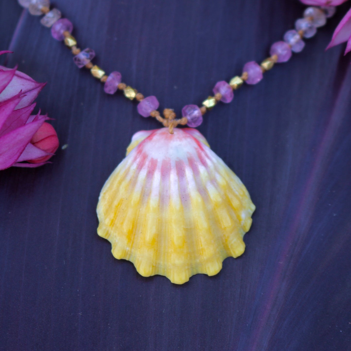 Pastel Sapphire with Sunrise Shell & Gold Beads
