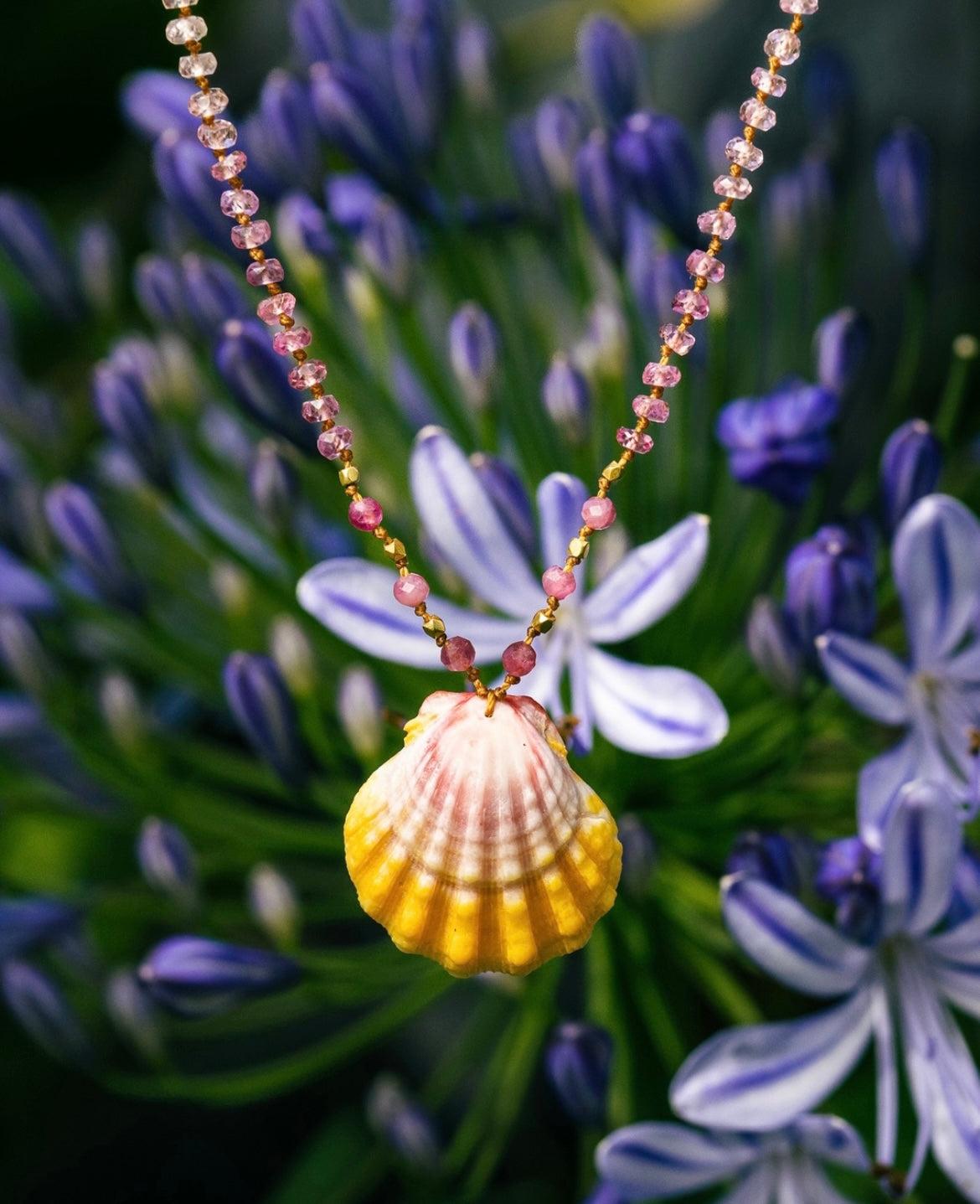 Pastel Sapphire with Sunrise Shell & Gold Beads