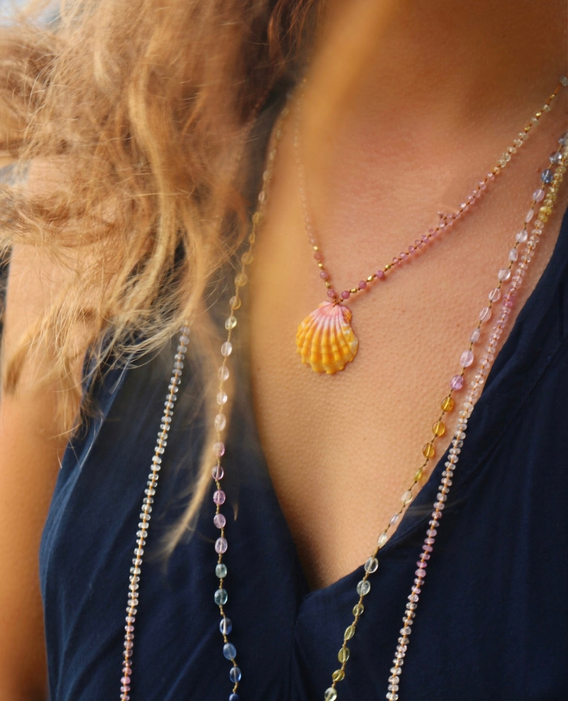 Pastel Sapphire with Sunrise Shell & Gold Beads