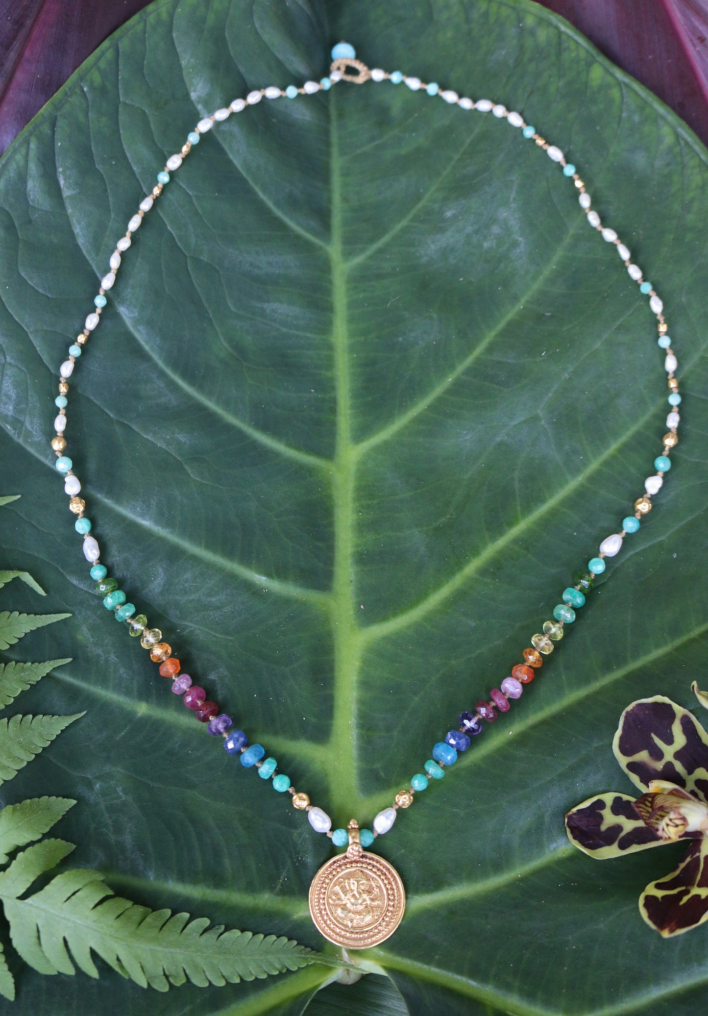 Keshi Pearl with Gold Ganesha & Amazonite Rainbow Mana