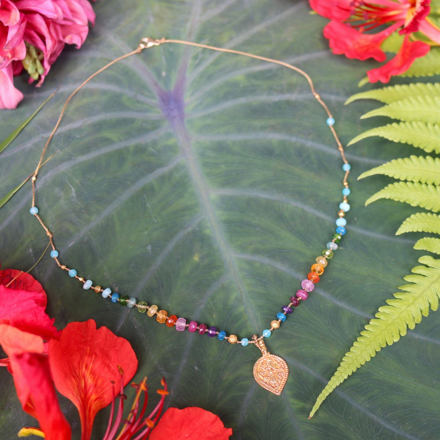 Gold Durga Medallion with Gold & Amazonite Rainbow Mana