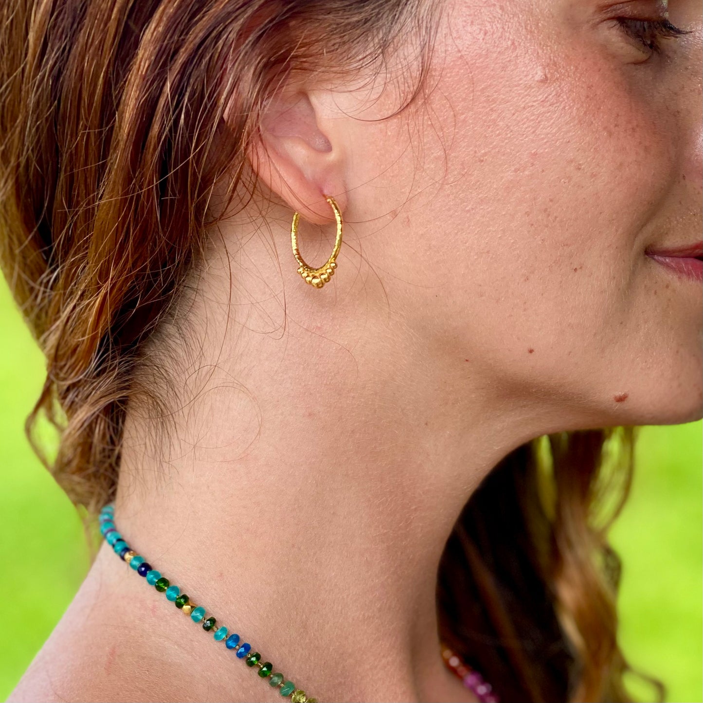 Hand-Hammered Golden Beaded Hoops