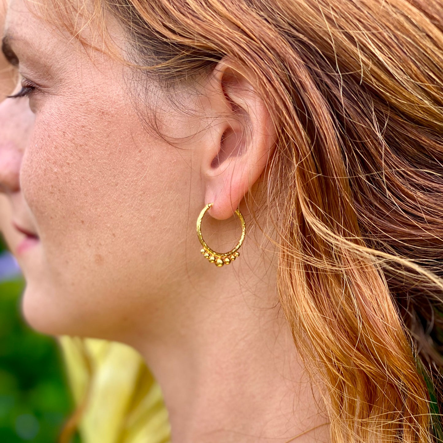 Hand-Hammered Golden Beaded Hoops