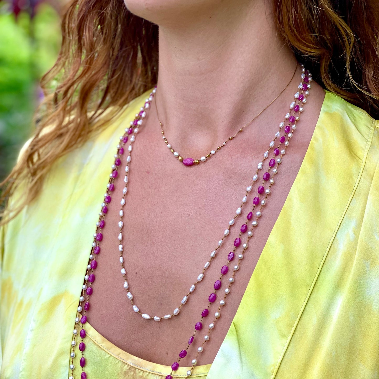 Pink Sapphire with South Sea Keshi & Gold Accent Strand