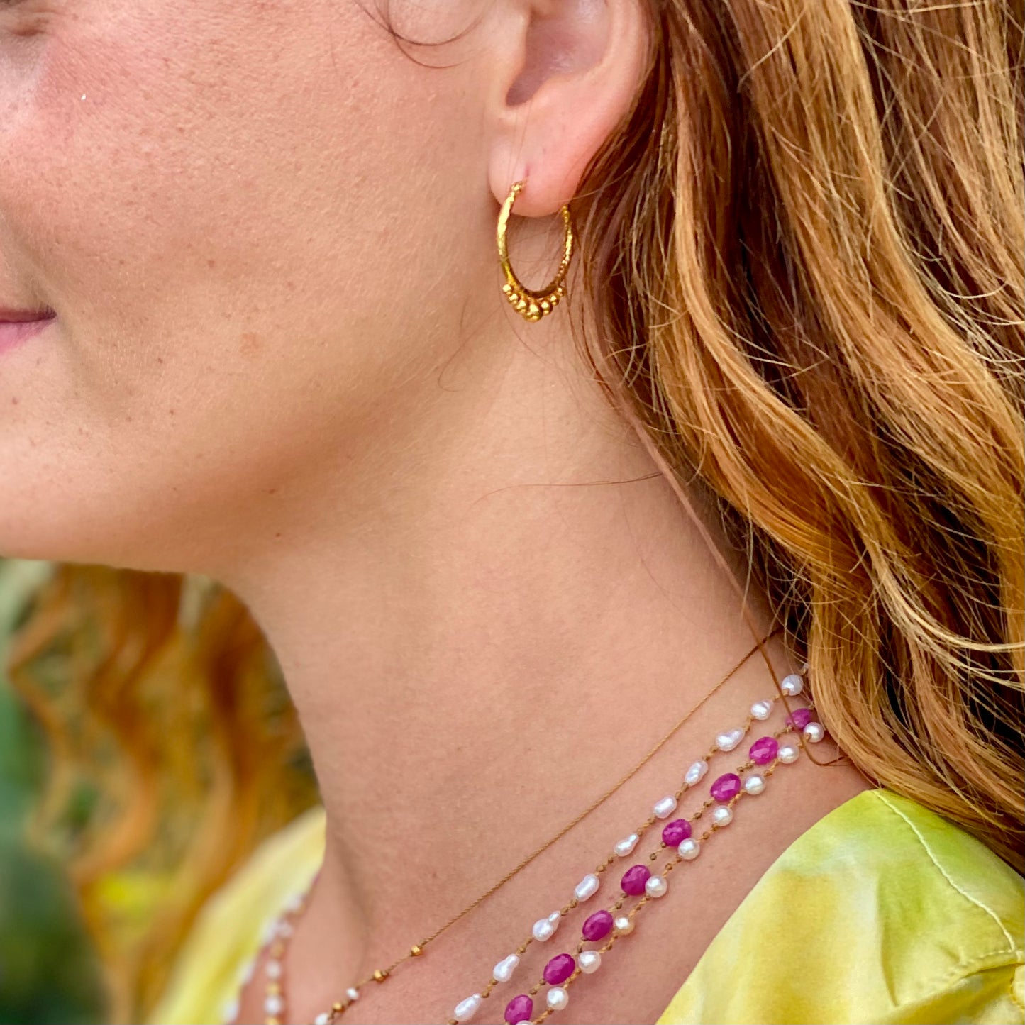 Hand-Hammered Golden Beaded Hoops
