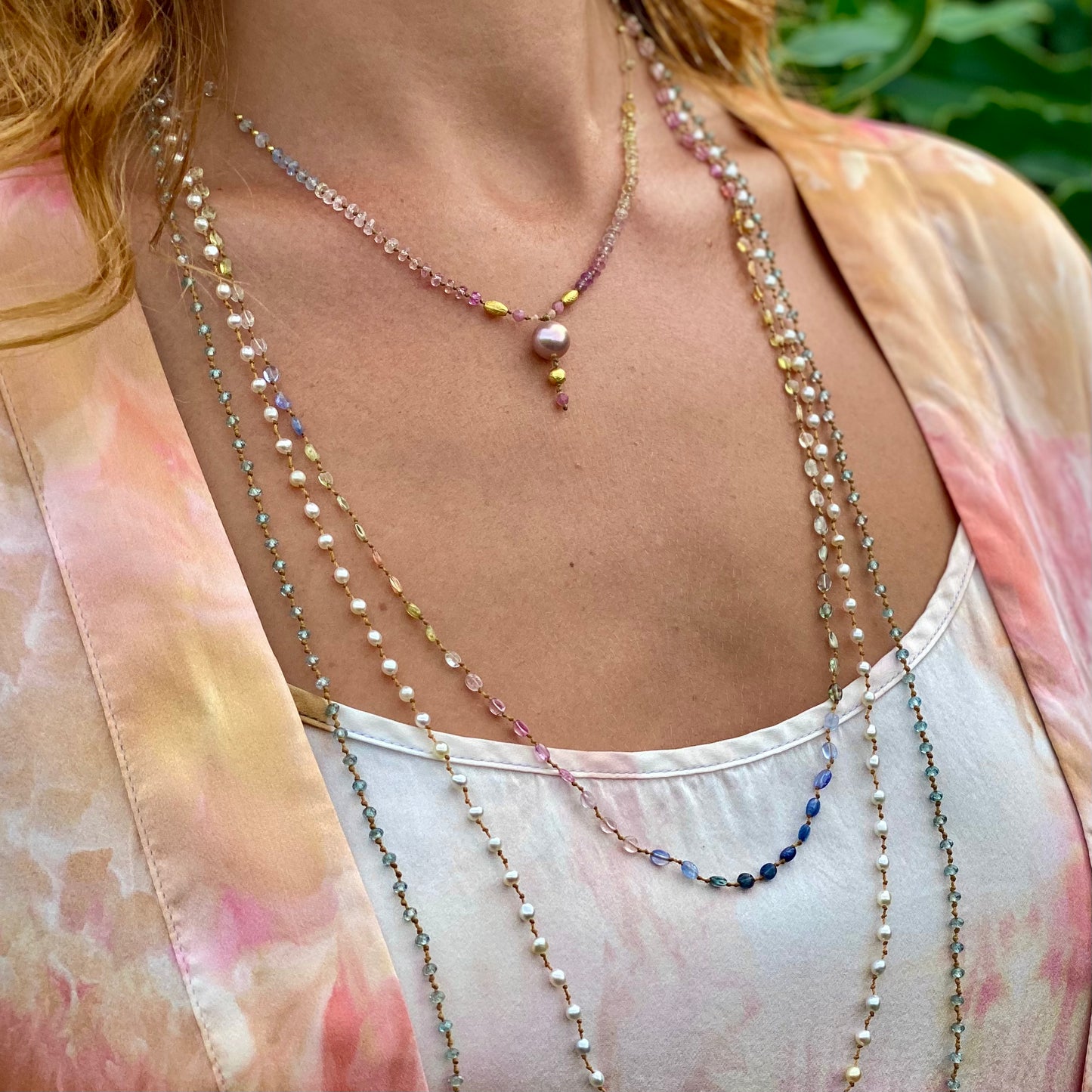 Pastel Sapphire with Edison Pearl Drop & Gold Beads