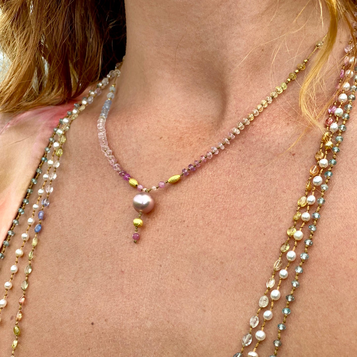 Pastel Sapphire with Edison Pearl Drop & Gold Beads