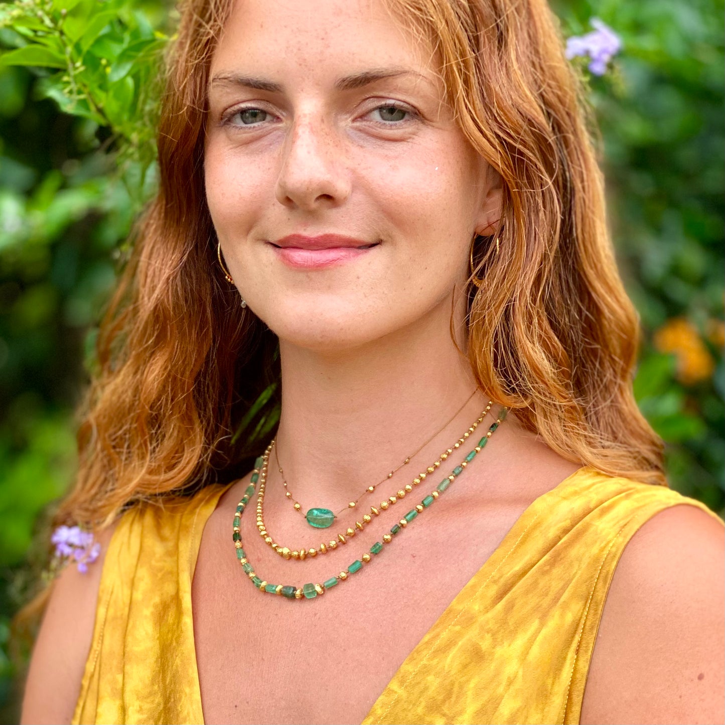 Emerald Cylinders with Gold Beads