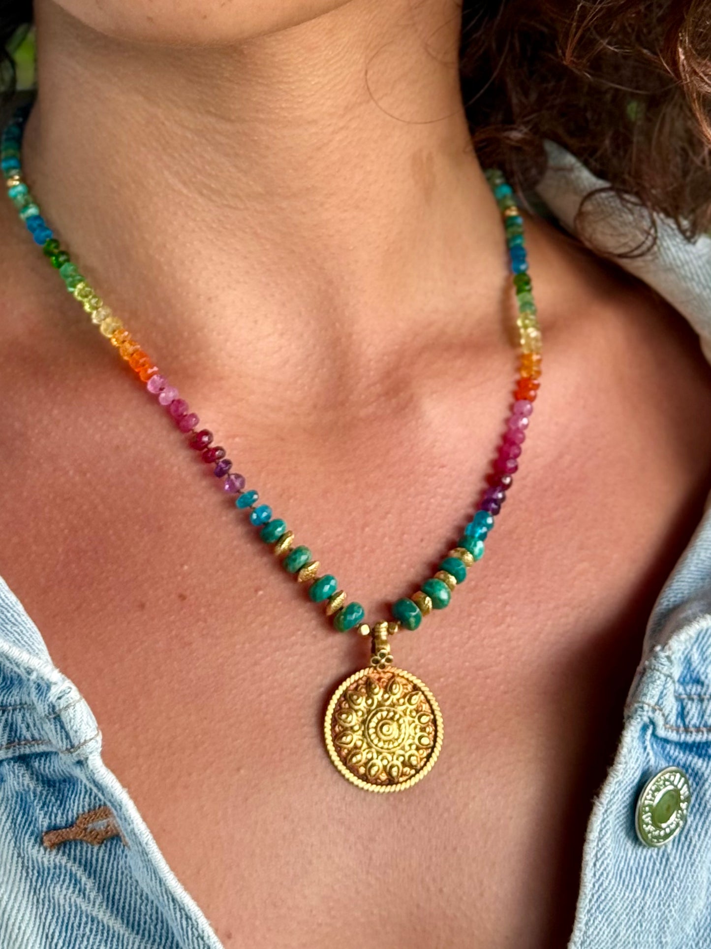 Gold Surya Mandala with Chrysocolla & Gold Rainbow Mana