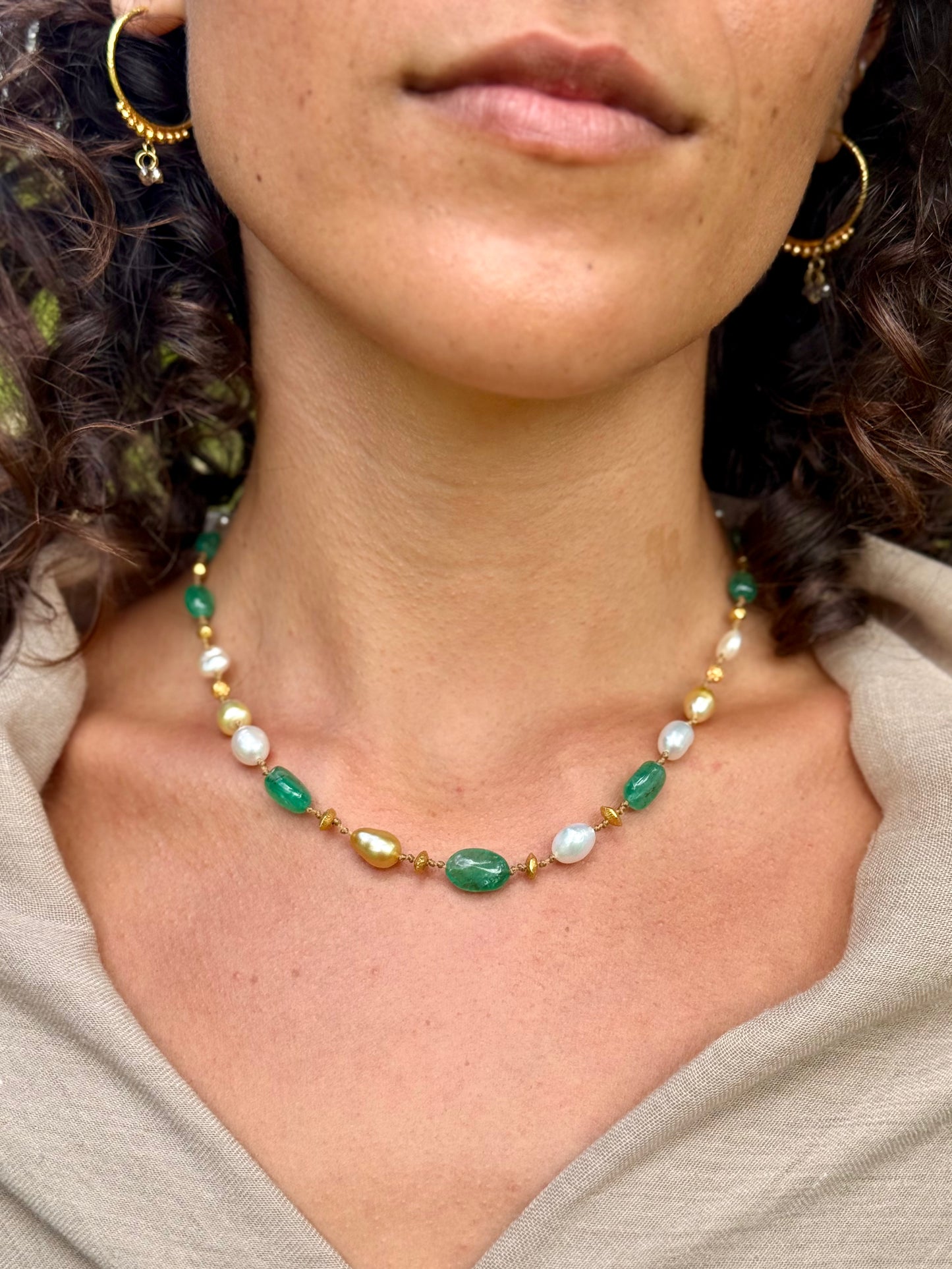 Zambian Emerald with South Sea Keshi & Gold
